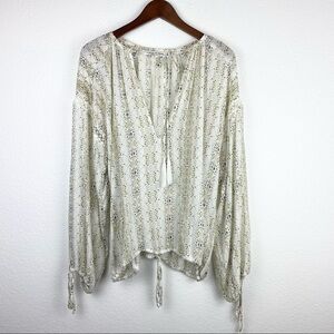 FAITHFULL THE BRAND Peasant Blouse, Tassels, White, Tan, Black, Size Medium